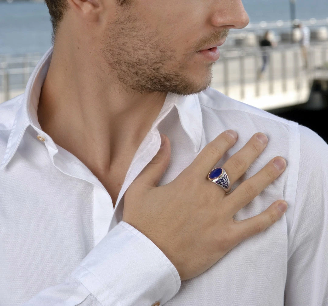Promo π Monary Lapis Lazuli Stone Signet Ring in Sterling Silver with Enamel for men π - Image 2