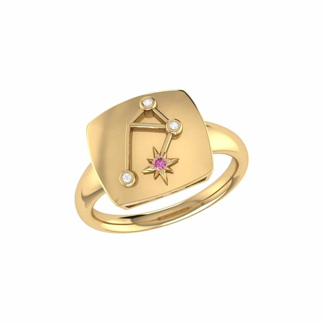 Flash Sale π Monary Libra Scales Pink Tourmaline & Diamond Constellation Signet Ring in 14K Yellow Gold Vermeil on Sterling Silver for π© women π