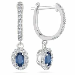 New 🎁 Monary 1/2 Carat Sapphire and Diamond Halo Dangle Earrings in 10K White Gold for 👩 women 🎁