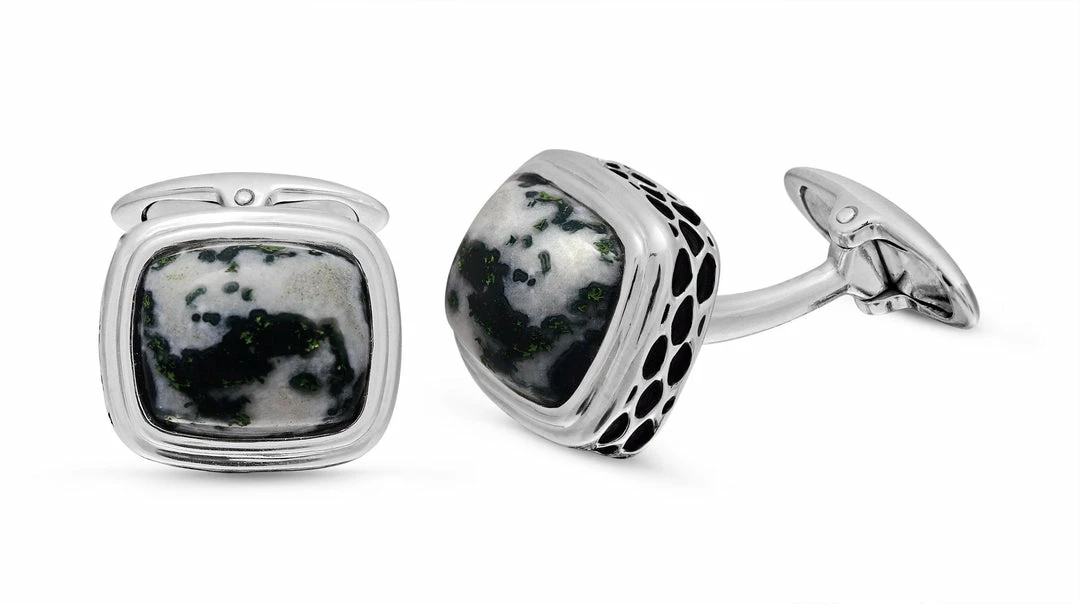 Deals π Monary Tree Agate Stone Cufflinks in Black Rhodium Plated Sterling Silver for men β - Image 3