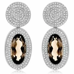 Best Pirce ✔️ Monary Brown Smoky Quartz & Diamond Fashion Dangle Earrings Set in 14K White Gold for 👩 women 💯