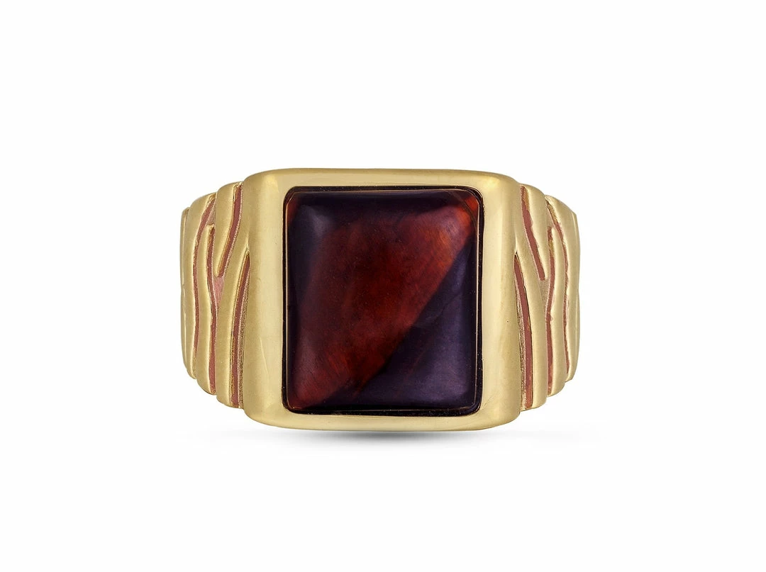 Best deal π Monary Chatoyant Red Tiger Eye Stone Signet Ring in Brown Rhodium & 14K Yellow Gold Plated Sterling Silver for men π