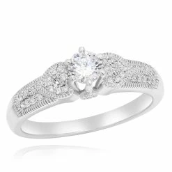 Discount 🛒 Monary Round White Diamond Engagement Ring with Milgrain Design Details for 👩 women ✨