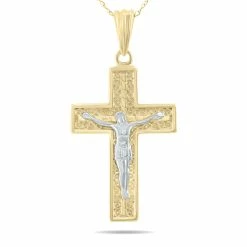 New π Monary Crucifixion Cross Pendant Necklace with 18 Inch Chain in 10K Yellow Gold and White Rhodium Polish for π© women π₯