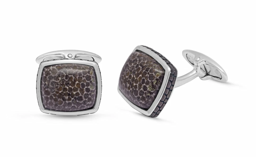Cheap π Monary Fossil Agate Stone Cufflinks in Black Rhodium Plated Sterling Silver for men β€οΈ - Image 2