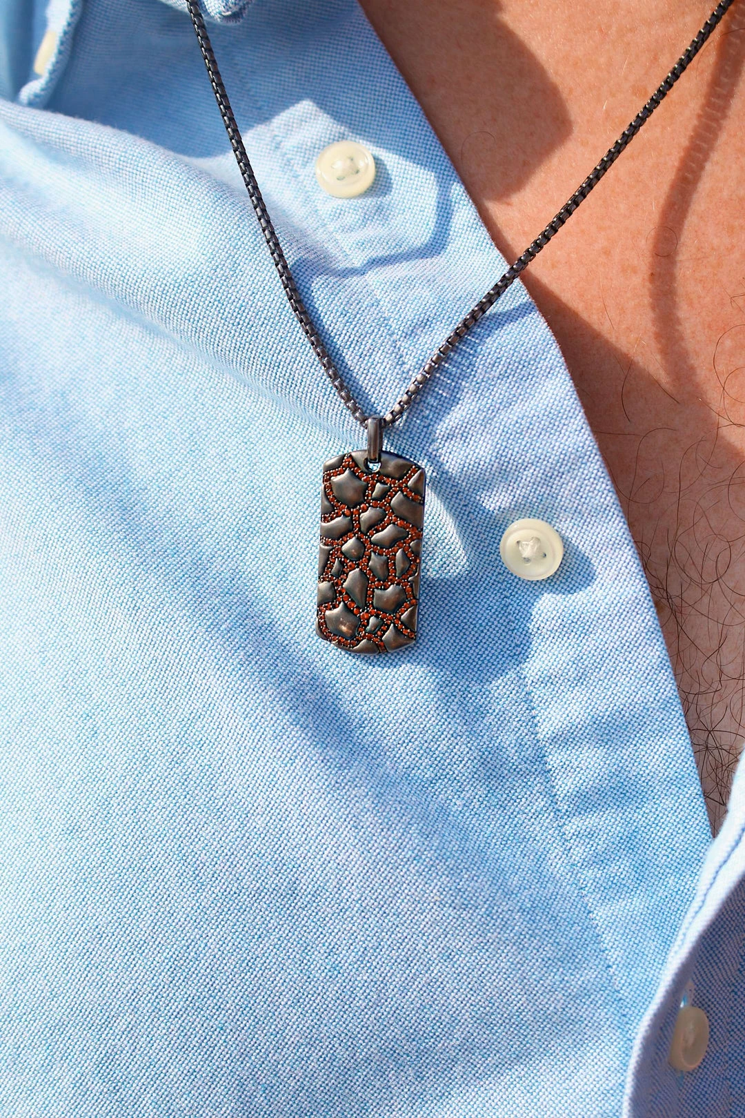 Best Sale π Monary Fiery Ascent Black Rhodium Plated Sterling Silver Textured Tag with Garnets for men π - Image 2