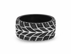 Coupon 🔔 Monary Racer Swag Black Rhodium Plated Sterling Silver Tire Tread Black Diamond Band Ring for men 😍