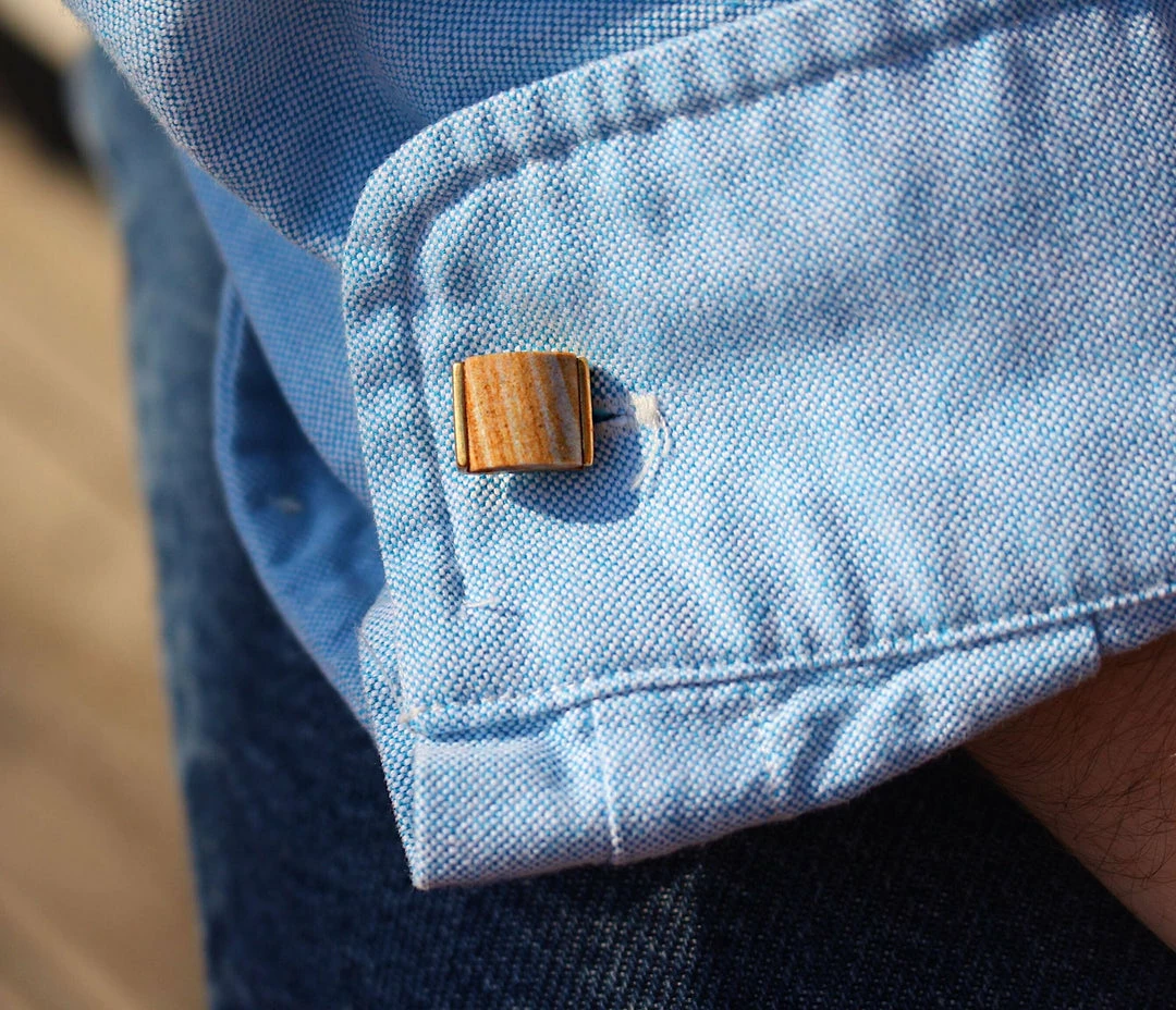 Flash Sale π Monary Wood Jasper Stone Cufflinks in 14K Yellow Gold Plated Sterling Silver for men π - Image 2