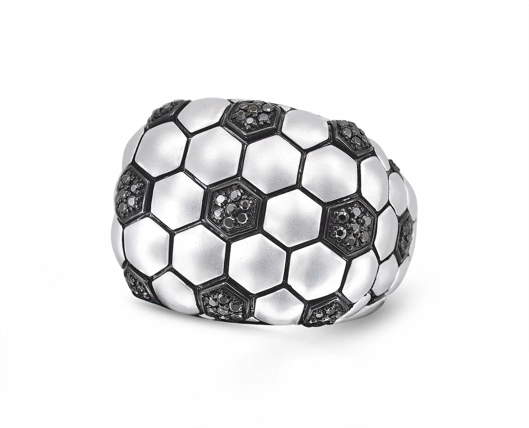 Hot Sale π Monary Kick & Goal Soccer Black Rhodium Plated Sterling Silver Black Diamond Head Ring for men π