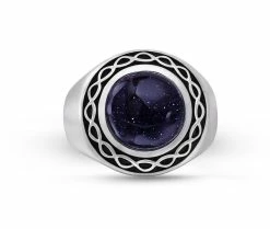 Deals 💯 Monary Blue Sand Stone Flat Back Cabochon Signet Ring in Black Rhodium Plated Sterling Silver for men 🌟
