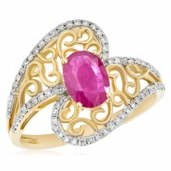 Discount 👍 Monary Red Ruby & Diamond Right Hand Ring - Set in 14K Yellow Gold for 👩 women ⌛