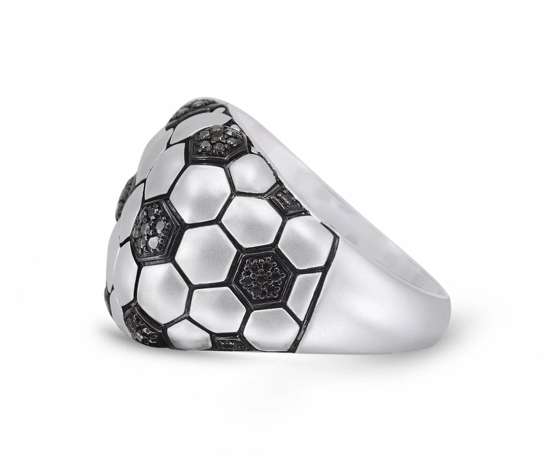 Hot Sale π Monary Kick & Goal Soccer Black Rhodium Plated Sterling Silver Black Diamond Head Ring for men π - Image 2