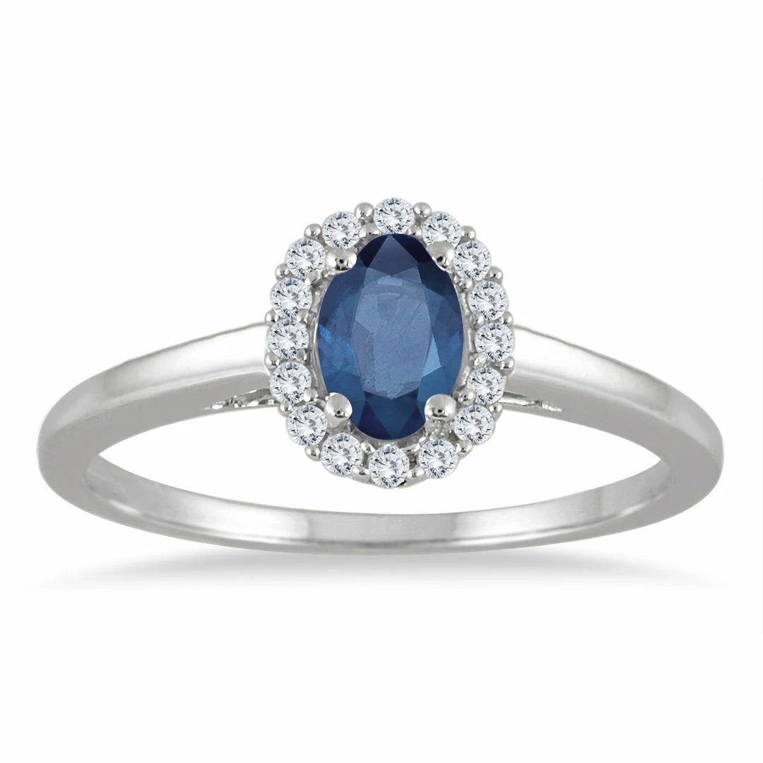 Promo β€οΈ Monary 6x4MM Oval Shape Sapphire and Diamond Halo Ring in 10K White Gold for π© women β€οΈ