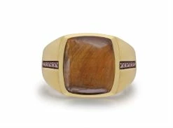 Budget 🛒 Monary Chatoyant Yellow Tiger Eye Stone & Champagne Diamond Signet Ring in 14K Yellow Gold Plated Sterling Silver for men 👏