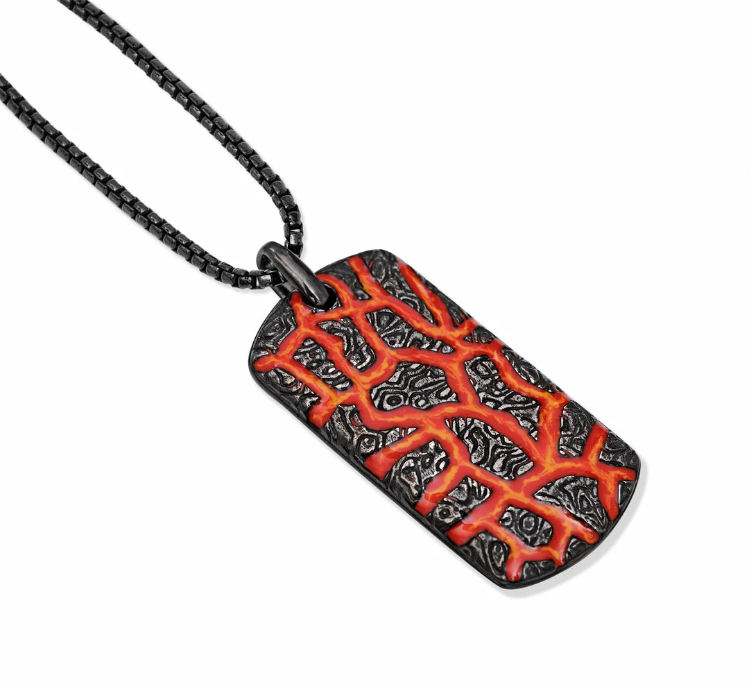 Buy π₯° Monary Rivers of Fire Black Rhodium Plated Sterling Silver Textured Red Orange Enamel Tag for men π - Image 4