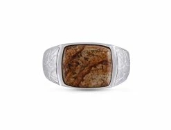 Budget 🔥 Monary Brown Picasso Jasper Stone Signet Ring in 14K Yellow Gold Plated Sterling Silver for men 🔥