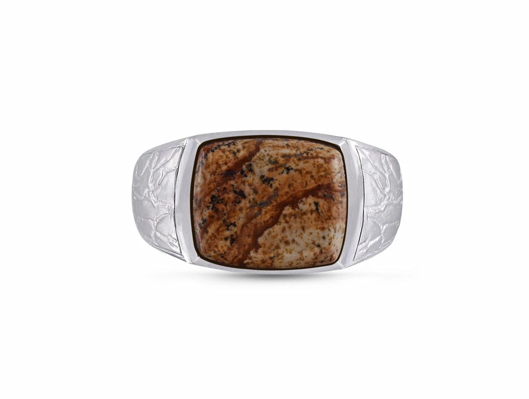 Budget π₯ Monary Brown Picasso Jasper Stone Signet Ring in 14K Yellow Gold Plated Sterling Silver for men π₯