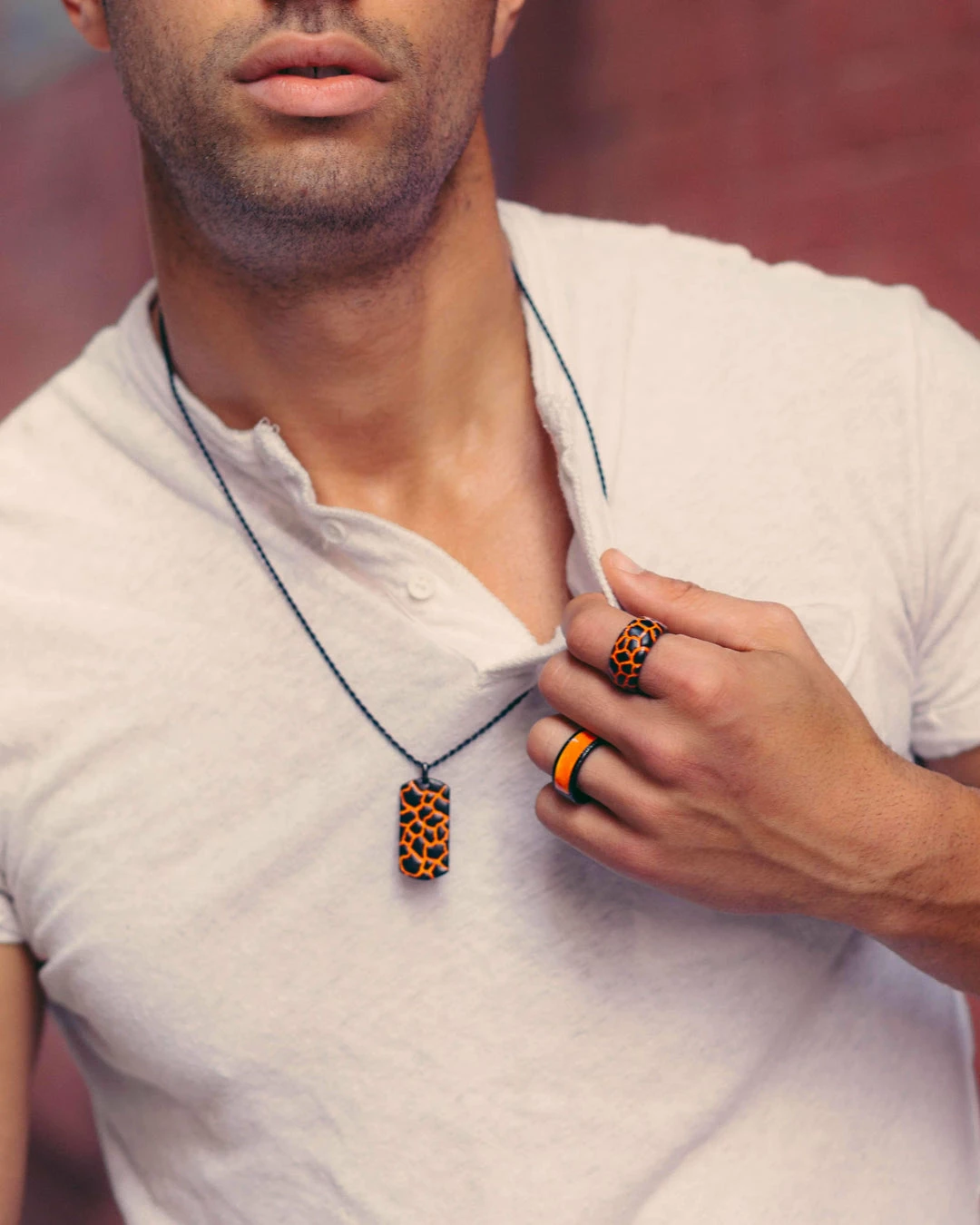 Cheap π₯ Monary Earth & Fire Black Rhodium Plated Sterling Silver Textured Red Orange Enamel Tag for men βοΈ - Image 2