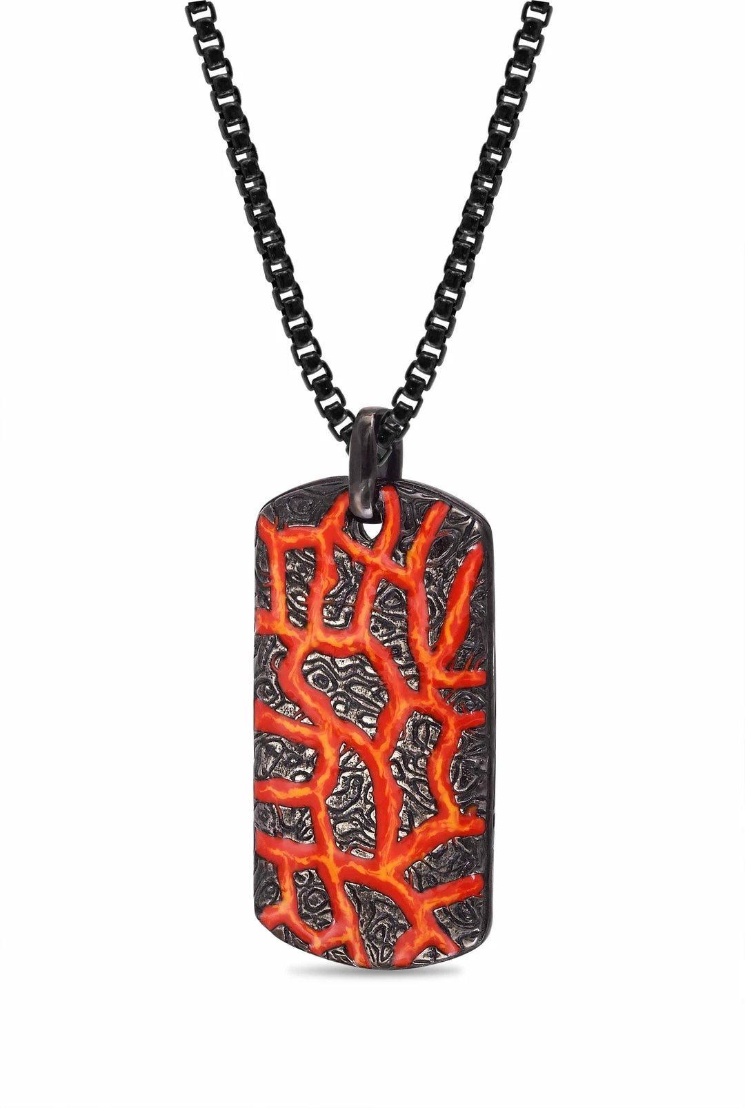 Buy π₯° Monary Rivers of Fire Black Rhodium Plated Sterling Silver Textured Red Orange Enamel Tag for men π - Image 3