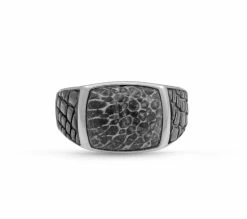 New ⌛ Monary Fossil Agate Stone Signet Ring in Black Rhodium Plated Sterling Silver for men 🎁