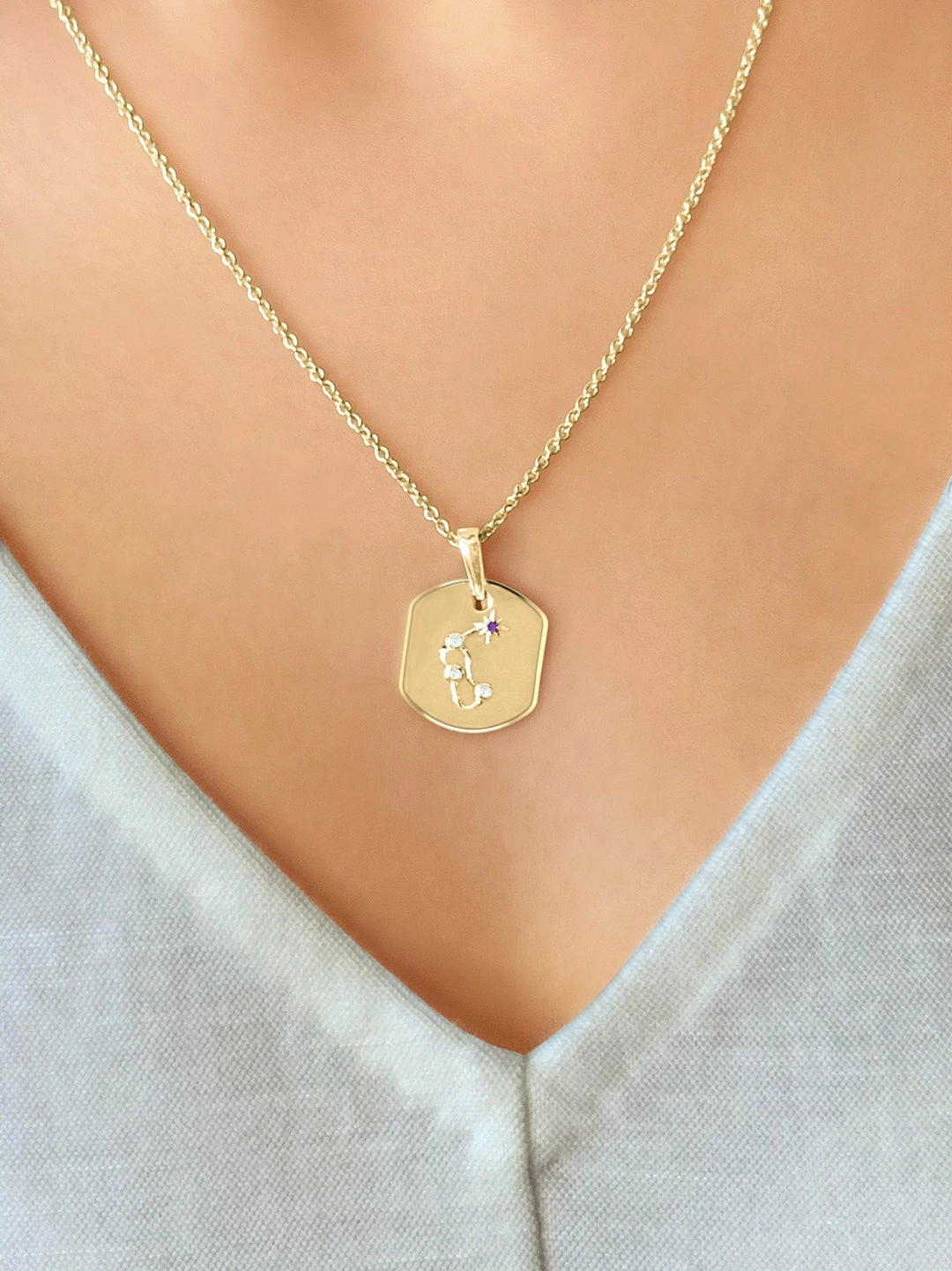 Best deal π Monary Aquarius Water-Bearer Amethyst & Diamond Constellation Tag Pendant Necklace in 14K Yellow Gold Vermeil on Sterling Silver for π© women 𧨠- Image 2