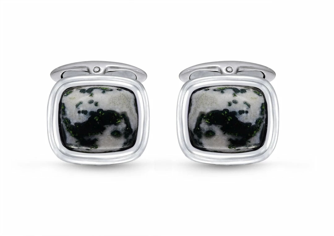 Deals π Monary Tree Agate Stone Cufflinks in Black Rhodium Plated Sterling Silver for men β