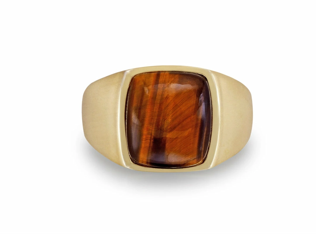 Buy π Monary Chatoyant Yellow Tiger Eye Signet Ring in 14K Yellow Gold Plated Sterling Silver for men π