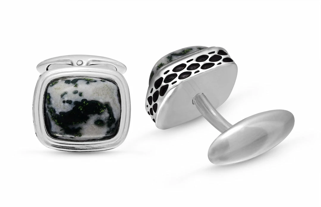 Deals π Monary Tree Agate Stone Cufflinks in Black Rhodium Plated Sterling Silver for men β - Image 4