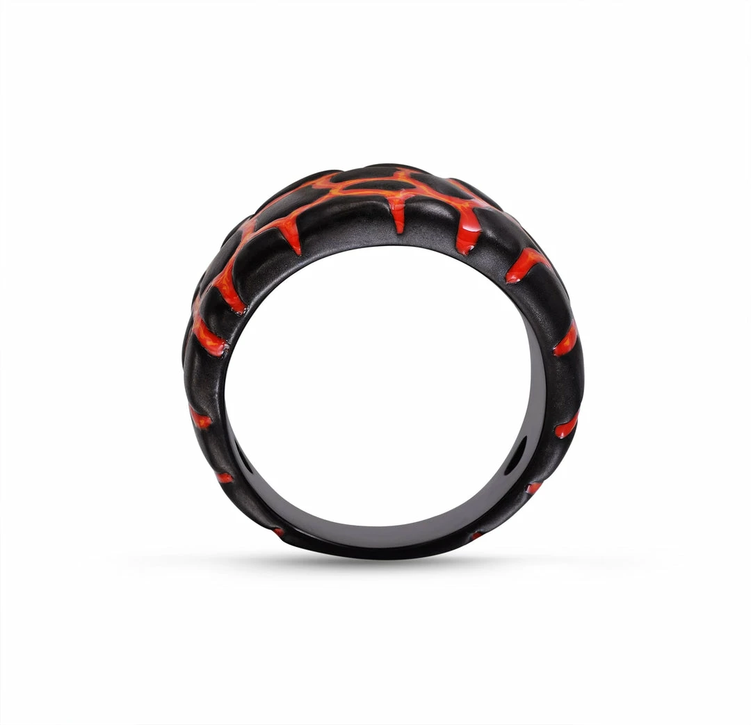 Best Sale β¨ Monary Earth & Fire Black Rhodium Plated Sterling Silver Textured Red Orange Enamel Band Ring for men βοΈ - Image 4
