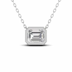 Budget 🎉 Monary Lab Grown 1/4 CTW Emerald Cut Bezel Set Diamond Solitaire Pendant in 14K White Gold for 👩 women 👏