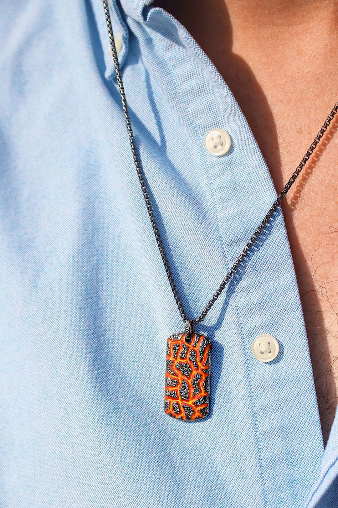 Buy π₯° Monary Rivers of Fire Black Rhodium Plated Sterling Silver Textured Red Orange Enamel Tag for men π - Image 2