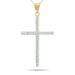 Best Pirce 😍 Monary Thin Engraved Cross Pendant in 10K Yellow Gold with Rhodium Plate Finishing and 10K Yellow Gold Chain for 👩 women 🎁
