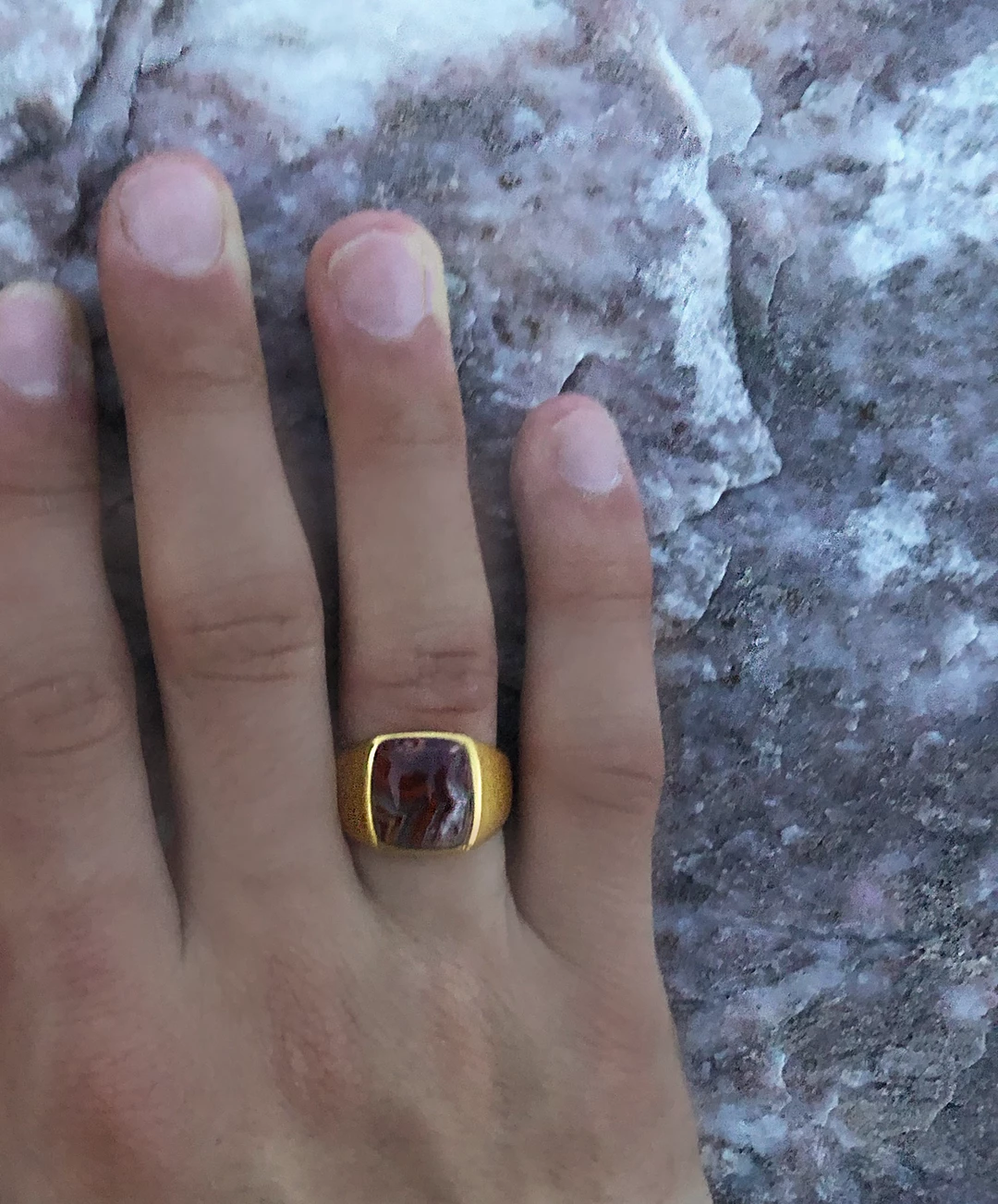 Budget βοΈ Monary Red Lace Agate Iconic Stone Signet Ring in 14K Yellow Gold Plated Sterling Silver for men β - Image 2