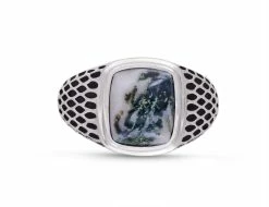 Flash Sale 🎁 Monary Tree Agate Stone Signet Ring in Black Rhodium Plated Sterling Silver for men 🧨