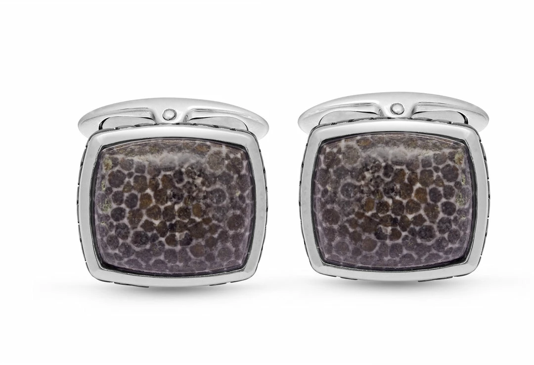 Cheap π Monary Fossil Agate Stone Cufflinks in Black Rhodium Plated Sterling Silver for men β€οΈ