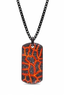 Buy 🥰 Monary Rivers of Fire Black Rhodium Plated Sterling Silver Textured Red Orange Enamel Tag for men 🎉