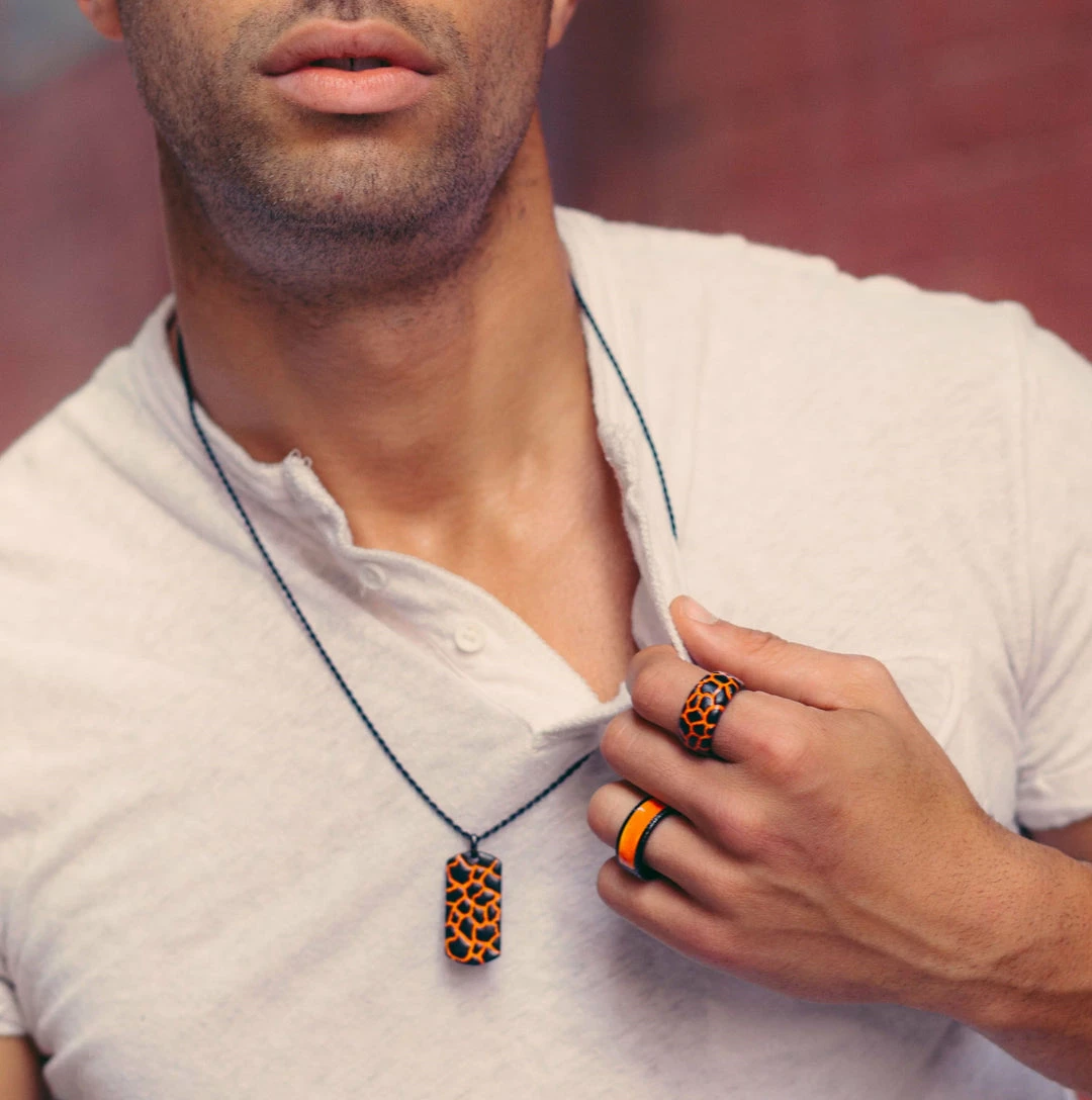 Best Sale β¨ Monary Earth & Fire Black Rhodium Plated Sterling Silver Textured Red Orange Enamel Band Ring for men βοΈ - Image 2