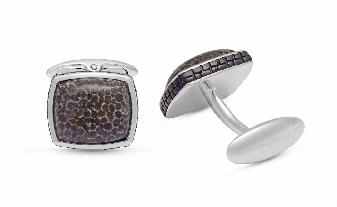 Cheap π Monary Fossil Agate Stone Cufflinks in Black Rhodium Plated Sterling Silver for men β€οΈ - Image 3