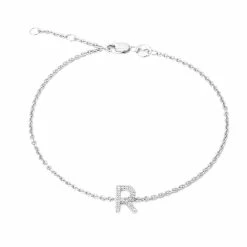 Outlet 👍 Monary Silver Diamond "R" Initial Bracelet 7+1" for 👩 women ⌛