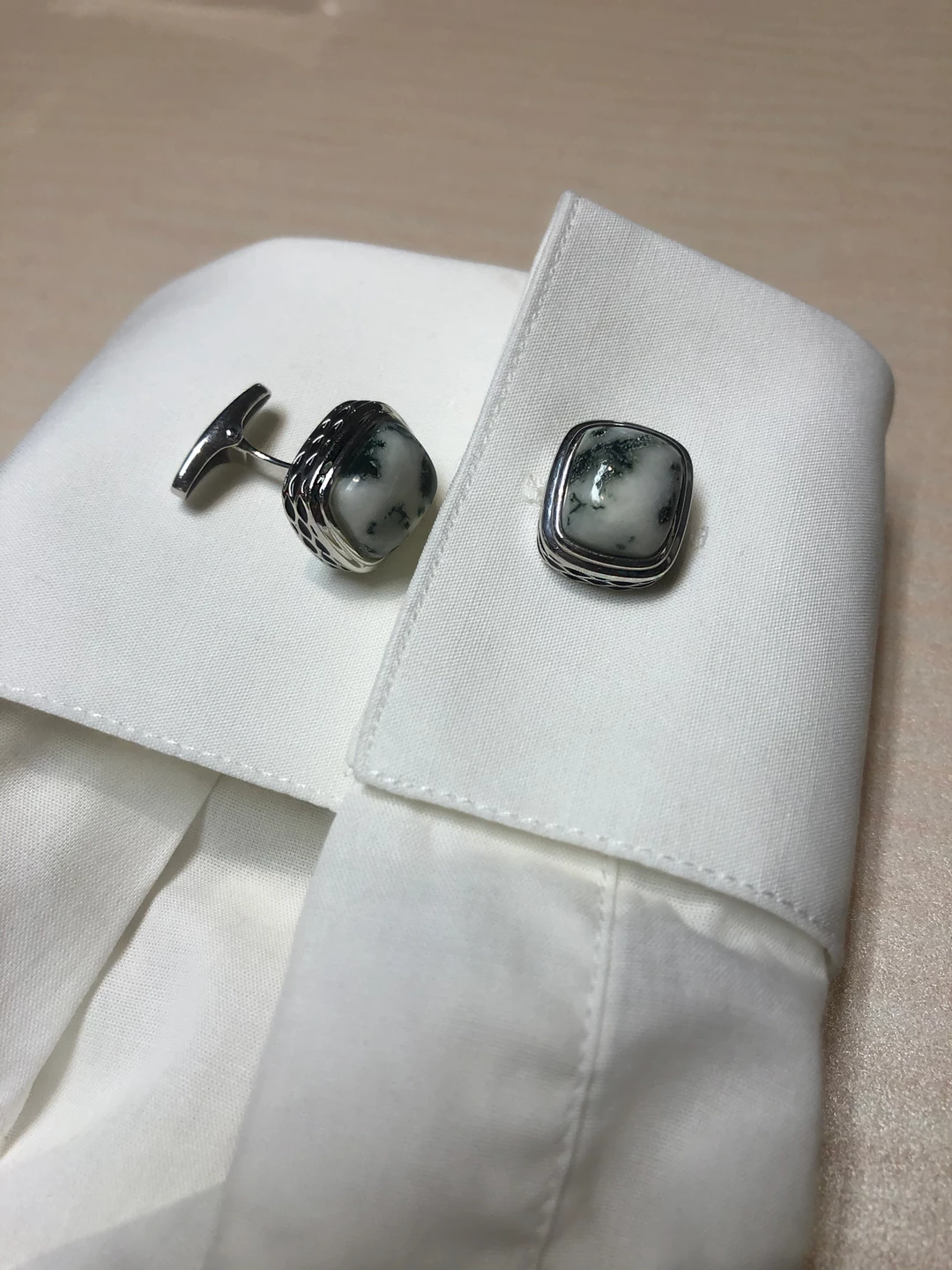 Deals π Monary Tree Agate Stone Cufflinks in Black Rhodium Plated Sterling Silver for men β - Image 2